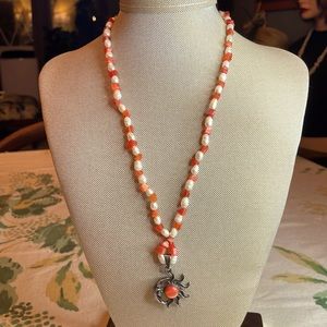 Vintage sterling silver moon and sun pendant with pearls and carnelian necklace